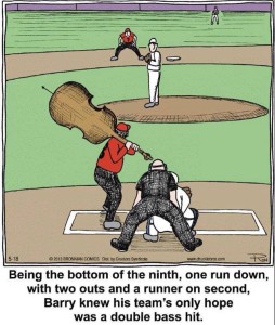 Baseball Cartoon with a orchestra bass about a double bass hit